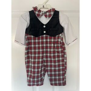 New $42 Carriage Boutiques by Friedknit Boy's Holiday Plaid Shortall Romper 3M
